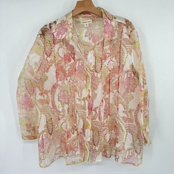 coldwater creek women's blouse top sheer floral size XL extra large 3/4 sleeve - Picture 3 of 11